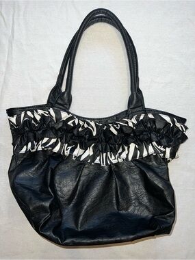 Y2K Black Faux Leather Zebra Print Ruffle Purse Shoulder Bag Animal Print